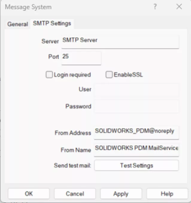 SOLIDWORKS PDM 通知排查 SMTP 配置界面
