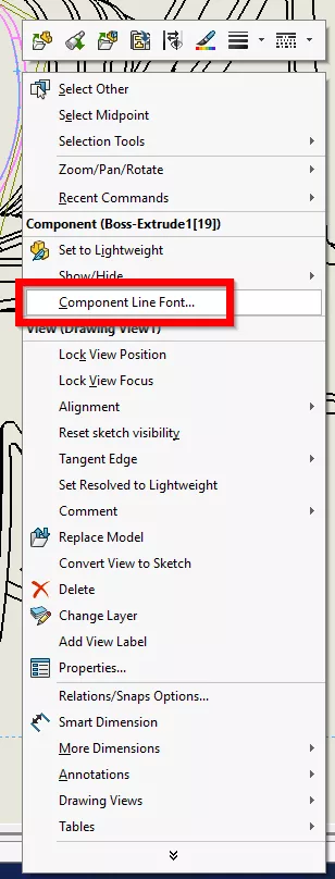 SOLIDWORKS 零部件线型右键选项