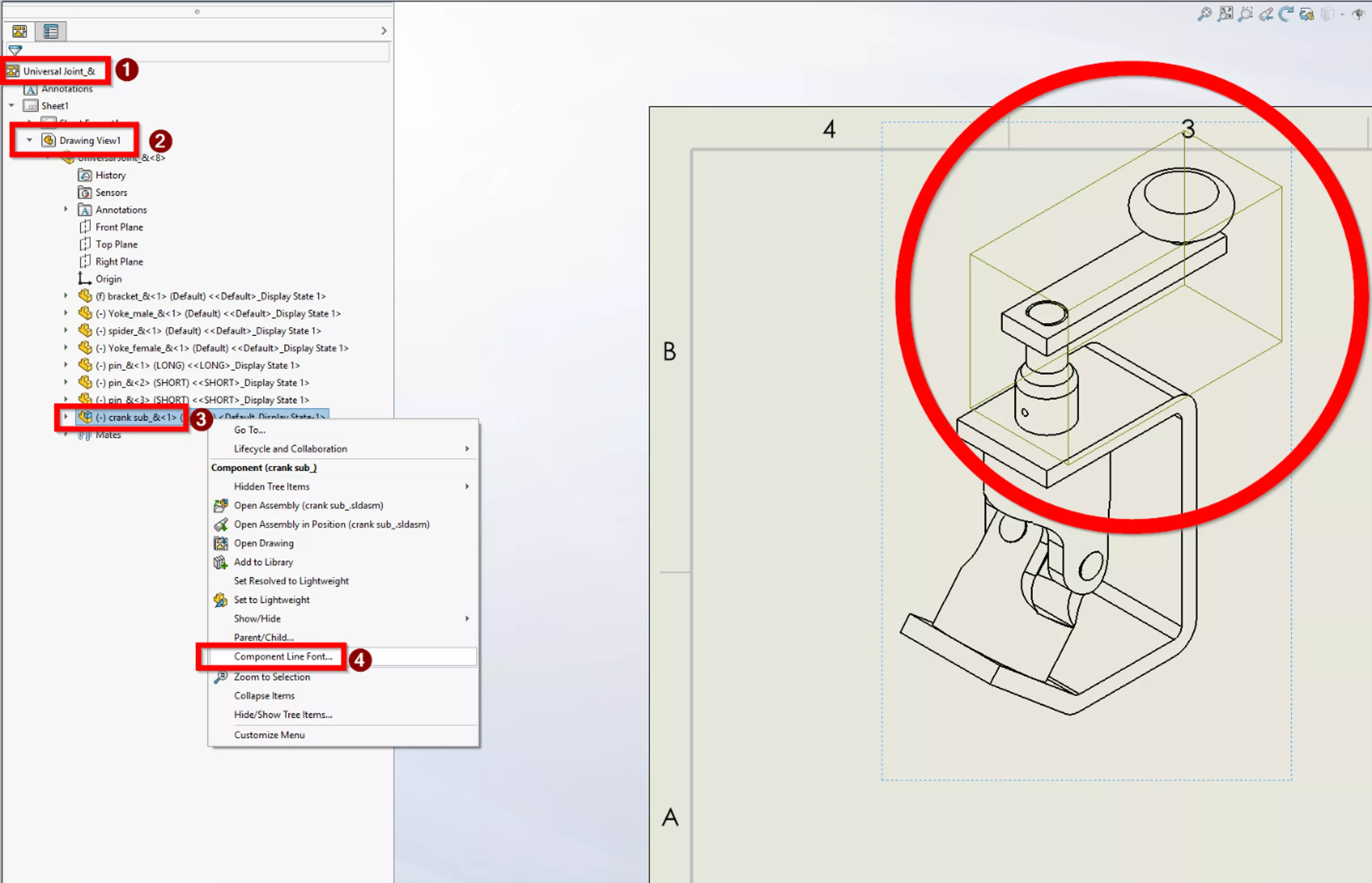 SOLIDWORKS 特征管理器中选中子装配修改线型