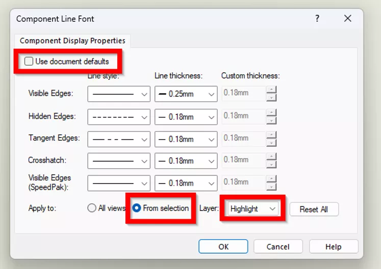 取消 SOLIDWORKS 零部件线型弹窗内的使用文档默认选项