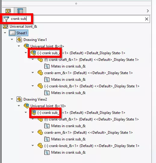在 SOLIDWORKS 特征管理器内搜索零部件