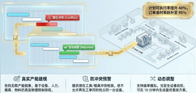 DELMIAWorks的 Scheduling(排程) 模块支持多工作中心有限能力排程,并针对模具、工装、大型设备提供潜在工具冲突检测 DELMIAWorks的 Scheduling(排程) 模块支持多工作中心有限能力排程,并针对模具、工装、大型设备提供潜在工具冲突检测