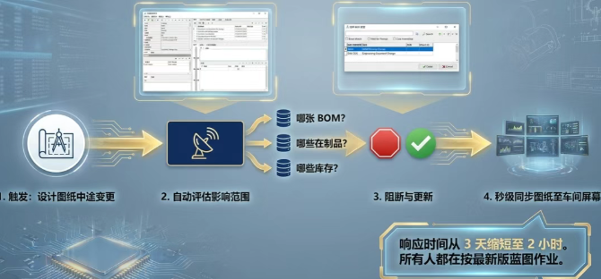 通过 ECO(工程变更单) 模块,系统能够准确评估变更的影响范围——影响哪张BOM、哪些在制品、哪些已经入库的库存 通过 ECO(工程变更单) 模块,系统能够准确评估变更的影响范围——影响哪张BOM、哪些在制品、哪些已经入库的库存