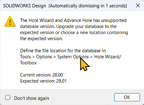 SOLIDWORKS 孔向导数据库错误解决方案