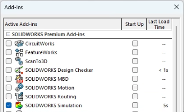 已启用 SOLIDWORKS 仿真的插件菜单界面