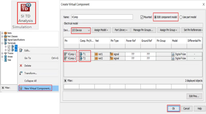 弹出的Create Virtual Component对话框中按下方右图所示进行设置,即可将Terminal转换为Virtual component,从而将T1转换为引脚 VComp-1,将T2转换为引脚 VComp-2 弹出的Create Virtual Component对话框中按下方右图所示进行设置,即可将Terminal转换为Virtual component,从而将T1转换为引脚 VComp-1,将T2转换为引脚 VComp-2