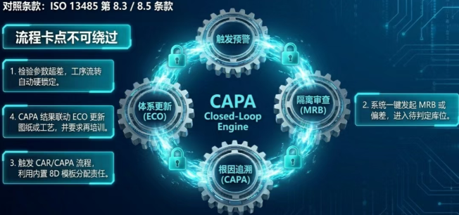 系统同时支持从不合格记录一键创建 CAR/CAPA（纠正与预防措施请求），推动根本原因分析与改善行动，形成完整闭环。