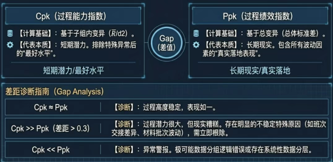 Ppk = min(Zupper, Zlower) / 3 (其中标准差 = √Σ(X - X̄)²/(n-1)) Cpk与Ppk的对比解读: Ppk = min(Zupper, Zlower) / 3 (其中标准差 = √Σ(X - X̄)²/(n-1)) Cpk与Ppk的对比解读: