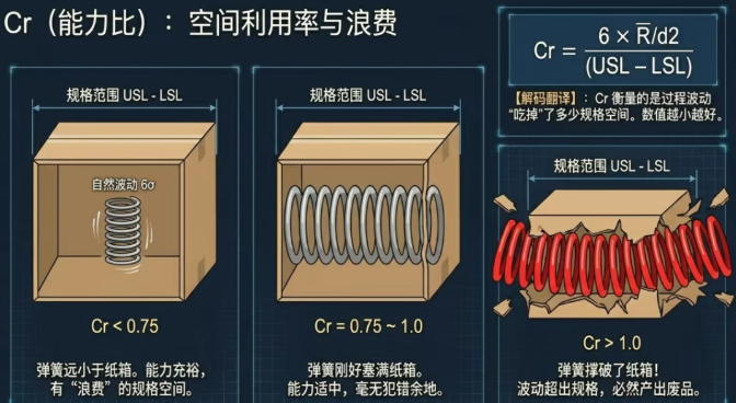 Cr越小越好。当Cr=1时,意味着过程的自然波动(6σ)正好占满整个规格范围。乘以100后得到百分数——过程波动占规格范围的百分比 Cr越小越好。当Cr=1时,意味着过程的自然波动(6σ)正好占满整个规格范围。乘以100后得到百分数——过程波动占规格范围的百分比