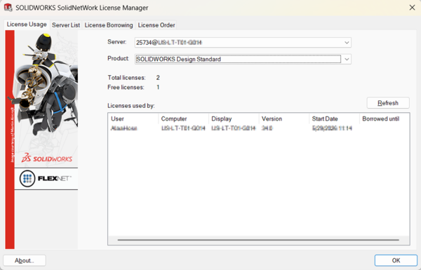 SOLIDWORKS SolidNetWork 许可管理器 —— 许可使用情况选项卡 SOLIDWORKS SolidNetWork 许可管理器 —— 许可使用情况选项卡