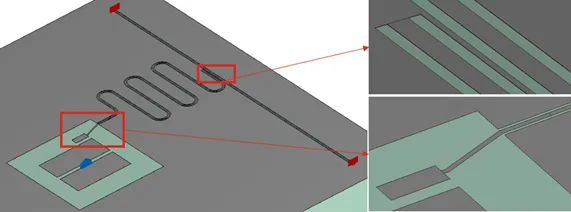 CST 环境下 Transmon 量子比特、谐振器与馈线整体模型 CST 环境下 Transmon 量子比特、谐振器与馈线整体模型
