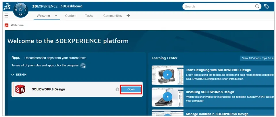 通过欢迎应用或 Windows 桌面快捷方式启动 SOLIDWORKS Design 通过欢迎应用或 Windows 桌面快捷方式启动 SOLIDWORKS Design