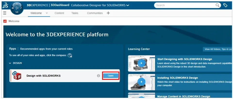 在欢迎界面的「SOLIDWORKS 设计」面板点击打开启动软件 在欢迎界面的「SOLIDWORKS 设计」面板点击打开启动软件