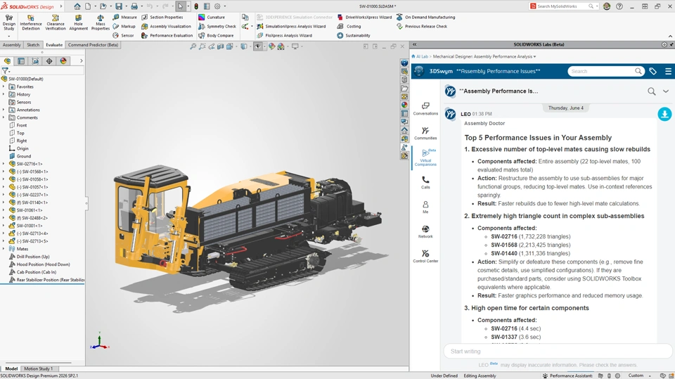 使用SOLIDWORKS AI助手 LEO完成装配体性能评估与优化方案
