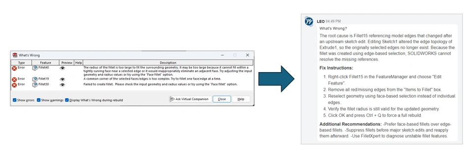 如何使用SOLIDWORKS AI 智能助手分析解决建模报错问题?