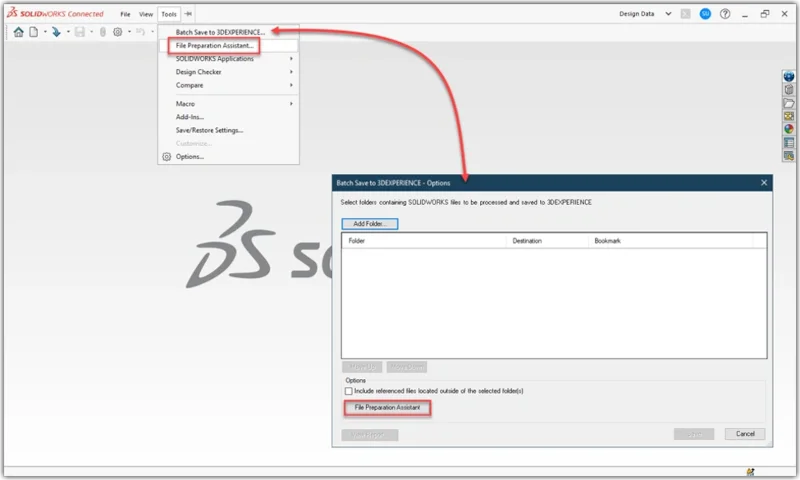 软件配套文件预处理助手,可通过 SOLIDWORKS 工具菜单或批量保存工具入口启动 软件配套文件预处理助手,可通过 SOLIDWORKS 工具菜单或批量保存工具入口启动