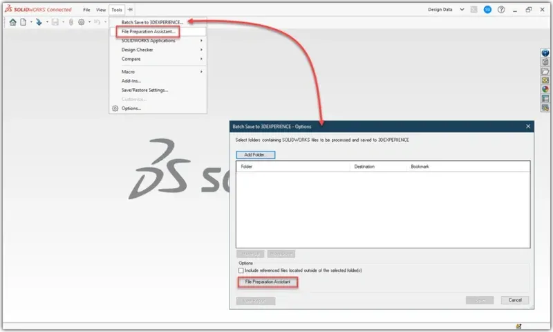 软件配套文件预处理助手,可通过 SOLIDWORKS 工具菜单或批量保存工具入口启动 软件配套文件预处理助手,可通过 SOLIDWORKS 工具菜单或批量保存工具入口启动