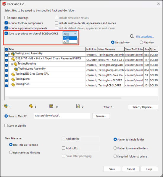 使用 打包 在 SOLIDWORKS 中保存之前版本的文件 使用 打包 在 SOLIDWORKS 中保存之前版本的文件