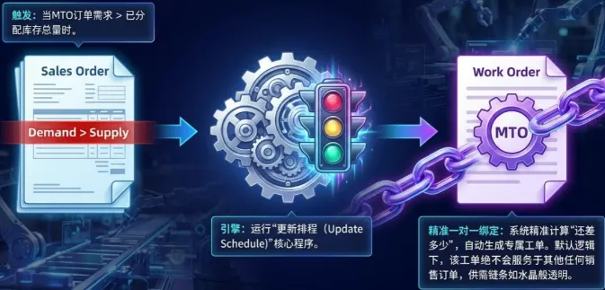 当MTO销售订单上的需求超过了已分配库存时,运行“更新排程”程序。 当MTO销售订单上的需求超过了已分配库存时,运行“更新排程”程序。