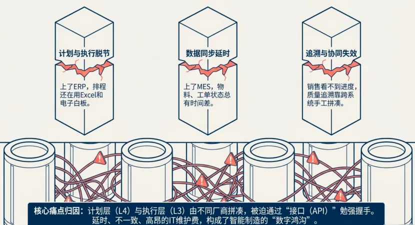 工单状态不同步、库存信息更新滞后、排程与现场执行脱节……这些问题往往并非源于系统能力不足,而是来自ERP与MES天然分离的架构。 工单状态不同步、库存信息更新滞后、排程与现场执行脱节……这些问题往往并非源于系统能力不足,而是来自ERP与MES天然分离的架构。