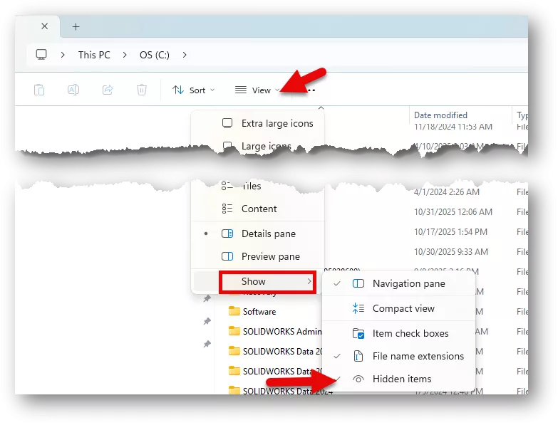 Windows 文件资源管理器开启显示隐藏文件夹界面