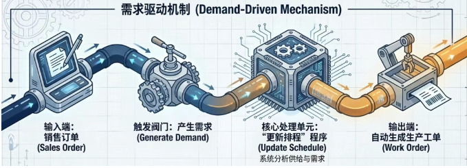 DELMIAWorks中,销售订单与生产计划的联动,不是靠人工传递,而是靠一套需求驱动机制自动完成的 DELMIAWorks中,销售订单与生产计划的联动,不是靠人工传递,而是靠一套需求驱动机制自动完成的