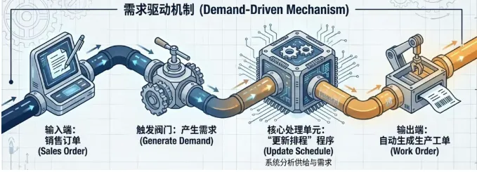 DELMIAWorks中，销售订单与生产计划的联动，不是靠人工传递，而是靠一套需求驱动机制自动完成的