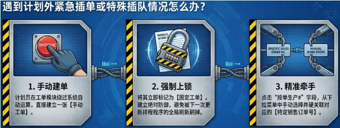 当遇到紧急插单或特殊情况时，计划员可以直接在工单模块创建一张手动工单