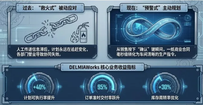 DELMIAWorks通过其强大的MRP引擎、灵活的排程参数以及独特的MTO功能，让这条“主动脉”实现了自动化的、精准的血脉畅通