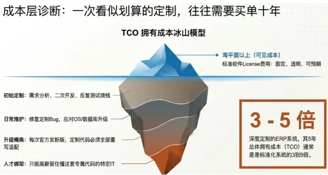 据相关统计，一套深度定制的ERP系统，其5年内的总体拥有成本（TCO）通常是标准化系统的3到5倍。 这些成本分布在哪里