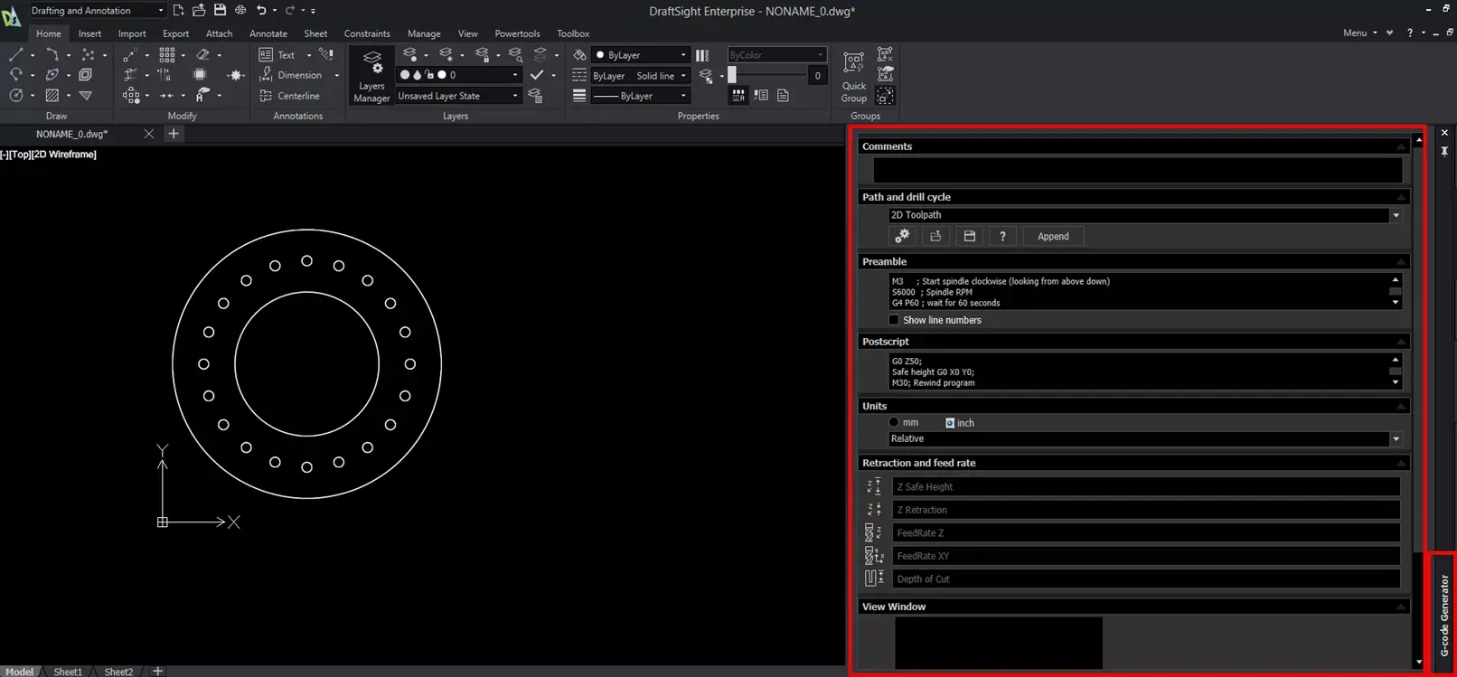 DraftSight 内生成 G 代码操作界面