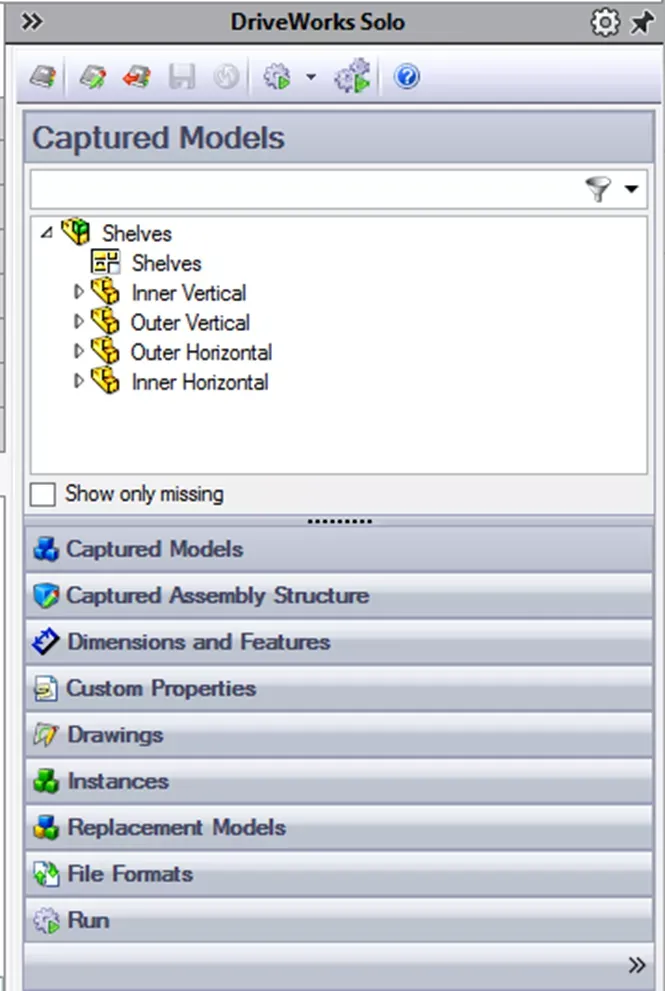 DriveWorks Solo 已采集 SOLIDWORKS 模型界面