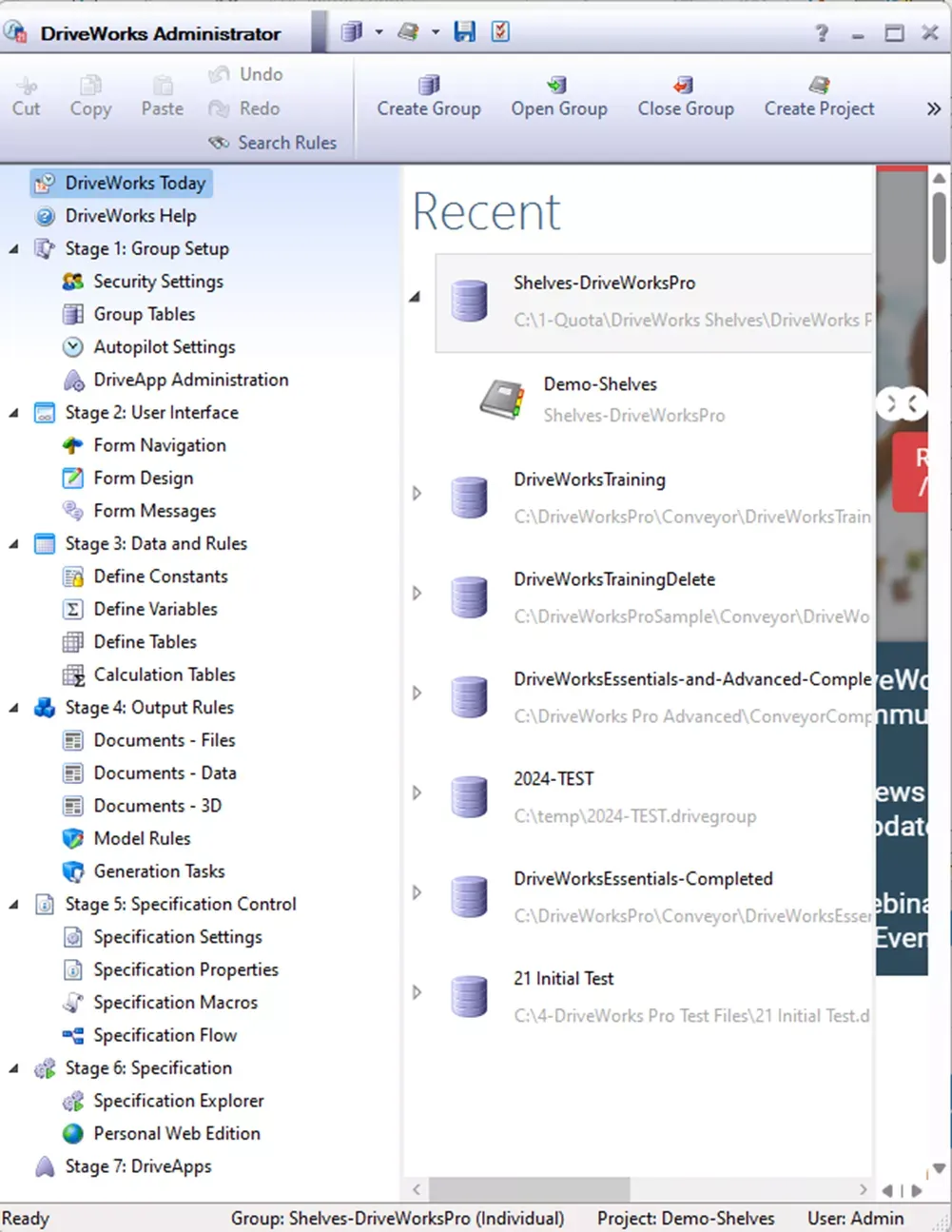 DriveWorks Pro Administrator 功能阶段界面