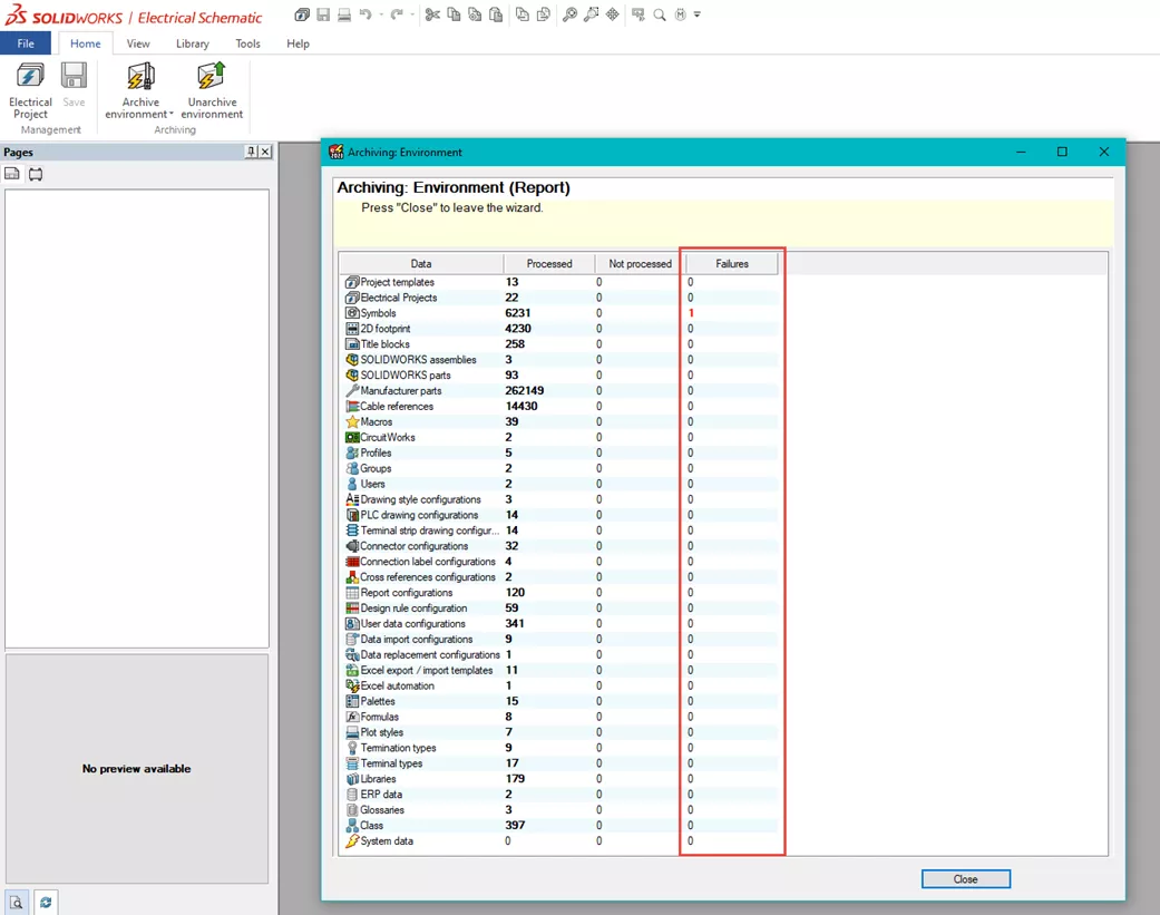SOLIDWORKS Electrical 归档失败提示界面 SOLIDWORKS Electrical 归档失败提示界面