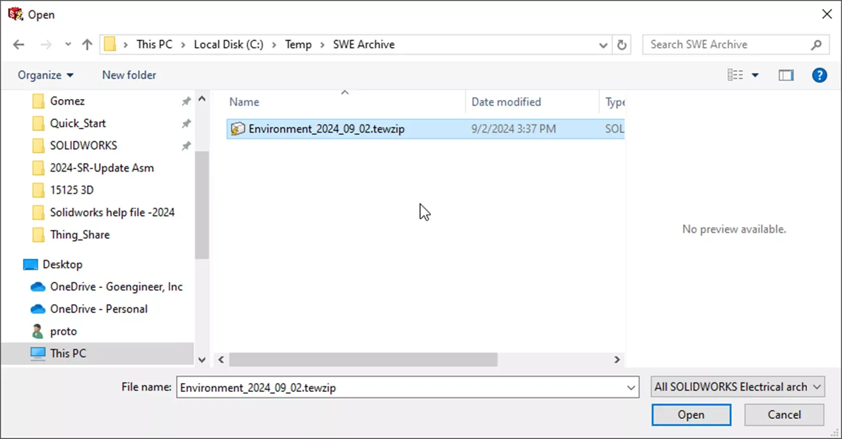 SOLIDWORKS Electrical 解包归档文件选择目录界面