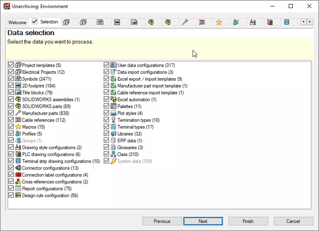 SOLIDWORKS Electrical 解包数据选择界面 SOLIDWORKS Electrical 解包数据选择界面