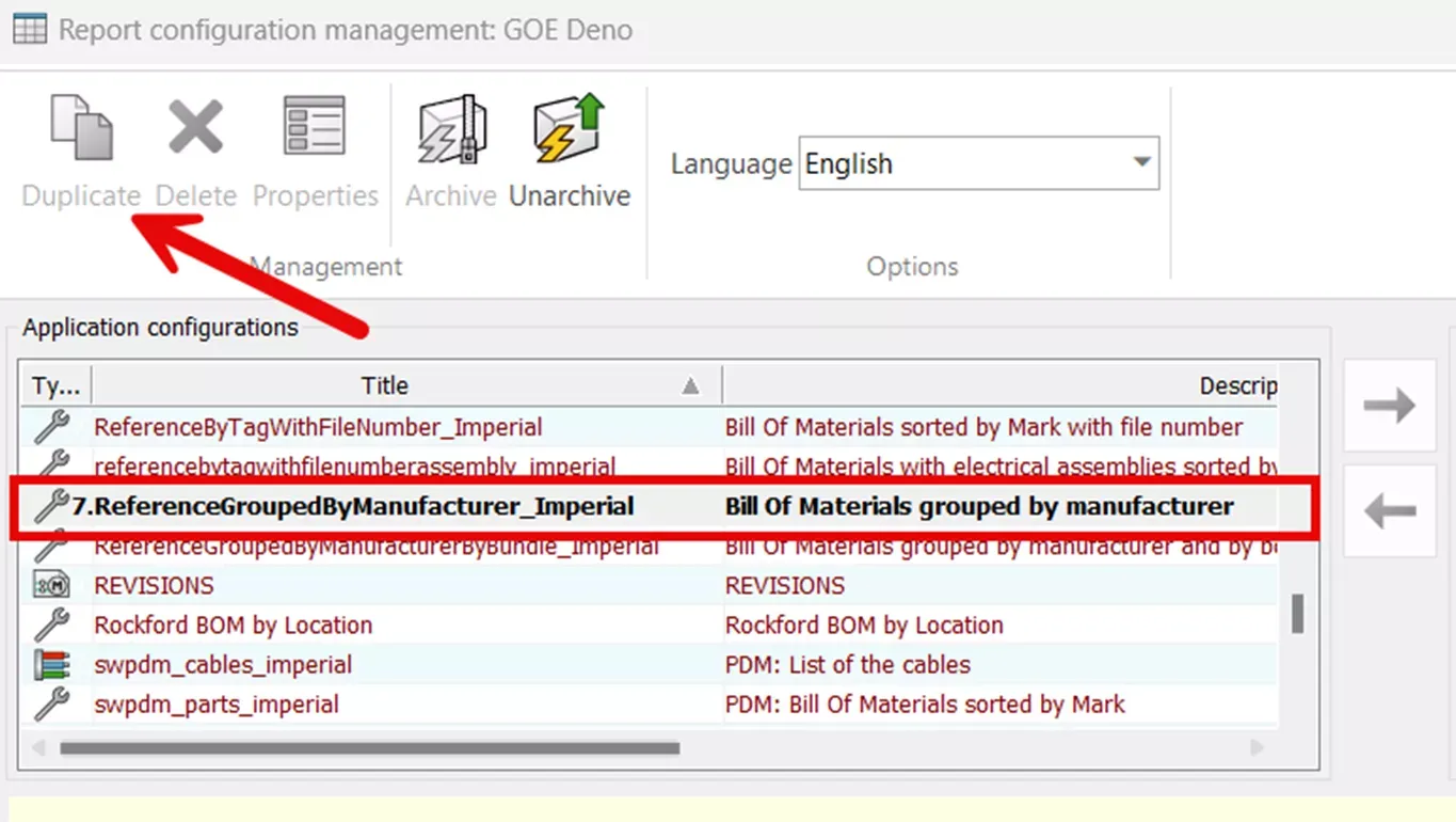 SOLIDWORKS Electrical 报表配置管理界面