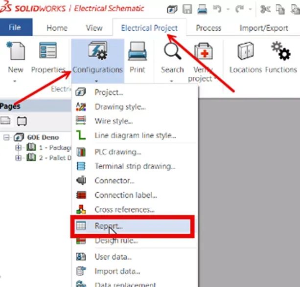 SOLIDWORKS Electrical 电气项目配置下拉菜单 - 报表选项