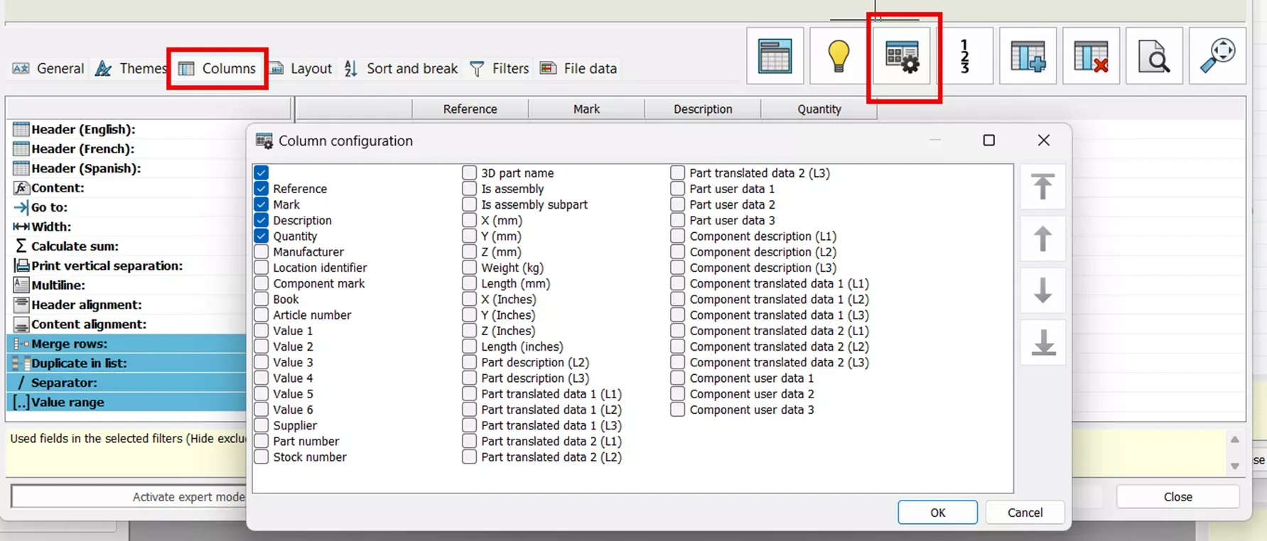 SOLIDWORKS Electrical 列配置界面