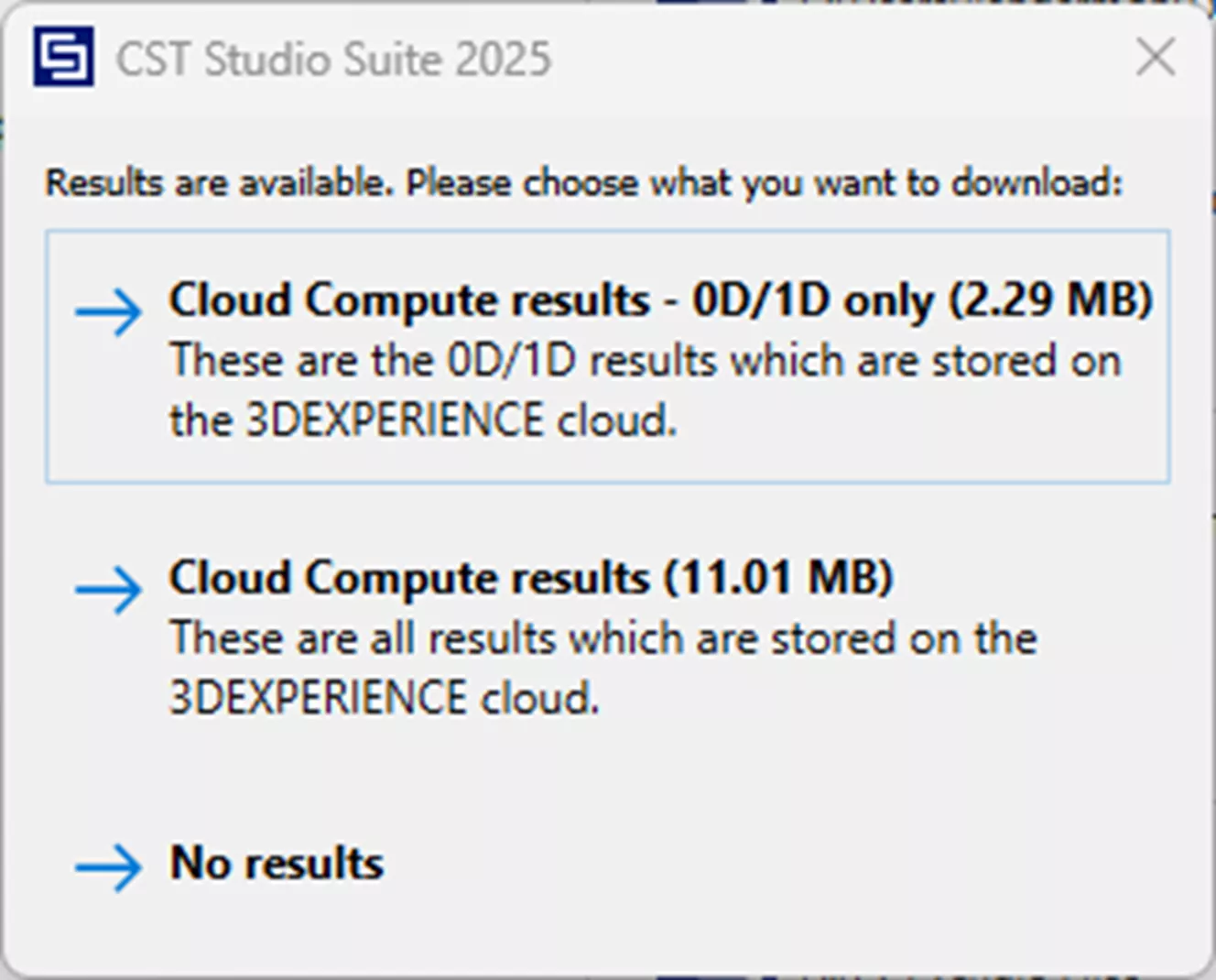 CST Studio Suite 云端计算结果下载选项界面 CST Studio Suite 云端计算结果下载选项界面