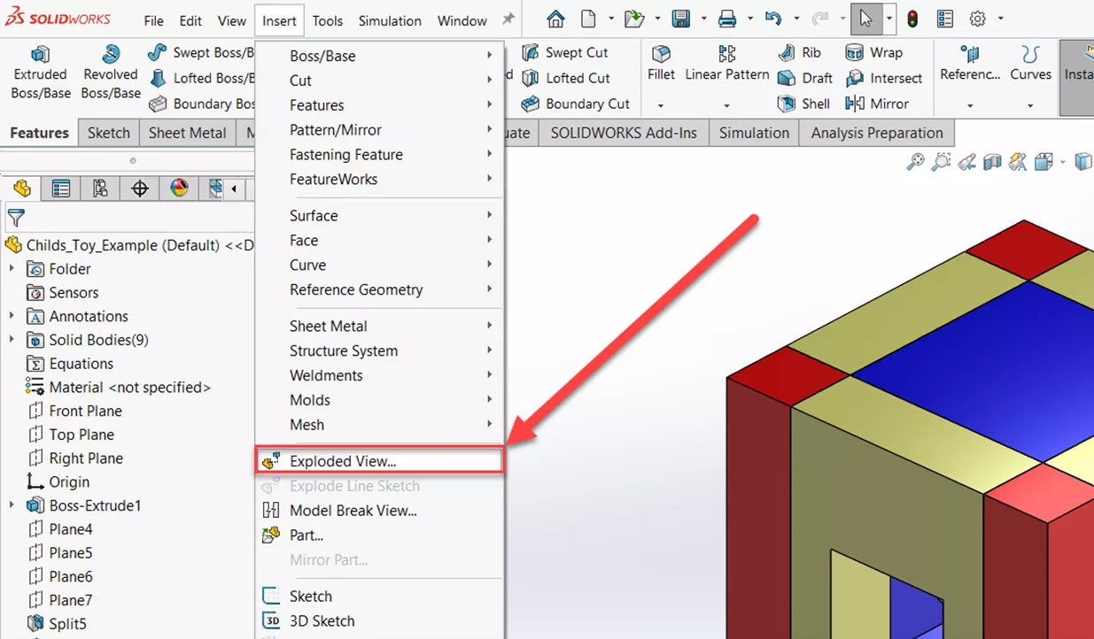 SOLIDWORKS 多实体零件插入爆炸视图菜单入口 SOLIDWORKS 多实体零件插入爆炸视图菜单入口