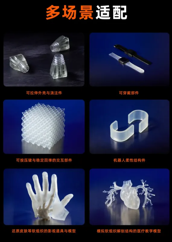 凭借柔软、透明、高回弹的特性组合，柔性50A树脂V2广泛适用于以下场景