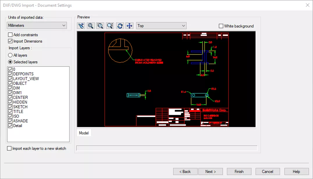 SOLIDWORKS DXF/DWG 导入文档参数设置界面 SOLIDWORKS DXF/DWG 导入文档参数设置界面