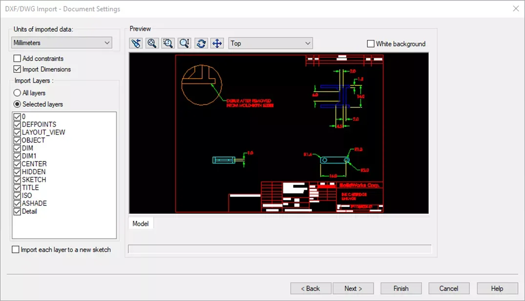SOLIDWORKS DXF/DWG 导入文档参数设置界面