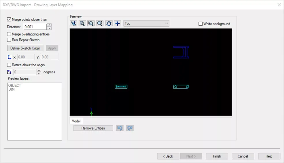 SOLIDWORKS DXF/DWG 导入图层映射界面