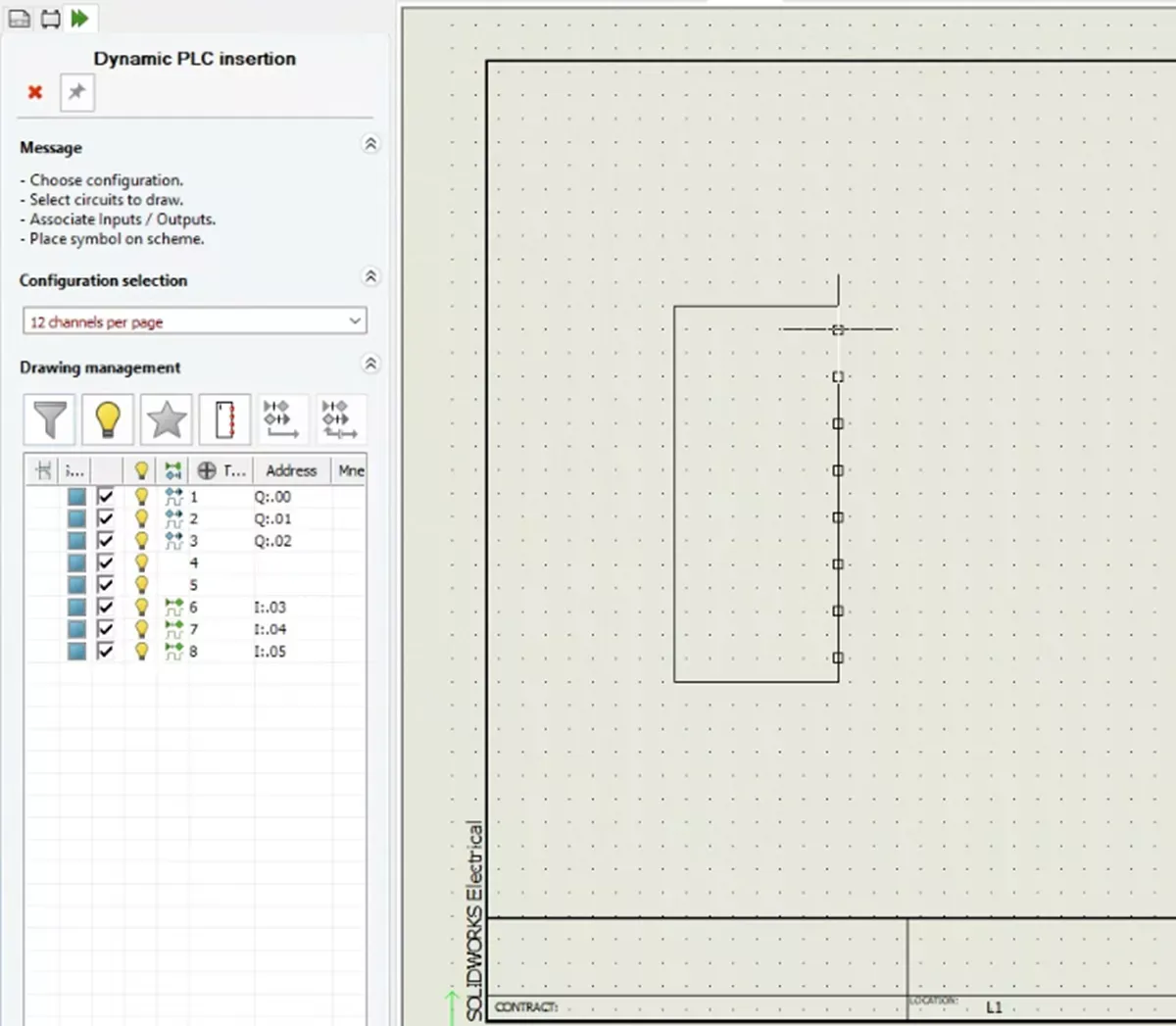 SOLIDWORKS Electrical 动态 PLC 插入界面示意图