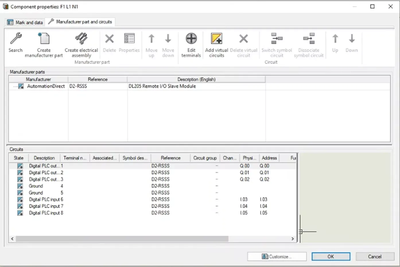 SOLIDWORKS Electrical 部件属性【制造商零件与回路】选项卡界面
