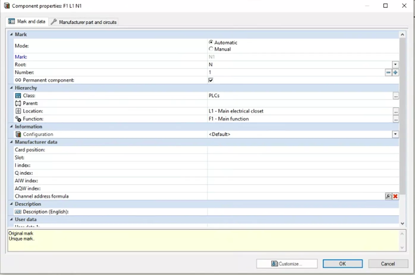 SOLIDWORKS Electrical 部件属性【代号与数据】选项卡界面 SOLIDWORKS Electrical 部件属性【代号与数据】选项卡界面