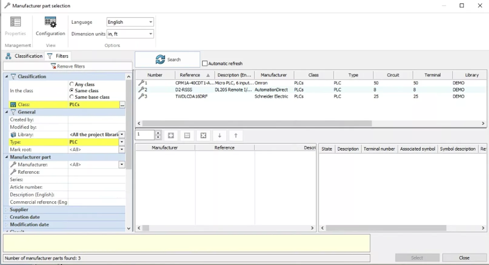 SOLIDWORKS Electrical 制造商零件选择窗口示意图 SOLIDWORKS Electrical 制造商零件选择窗口示意图