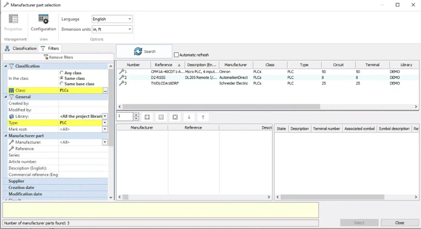SOLIDWORKS Electrical 制造商零件选择窗口示意图